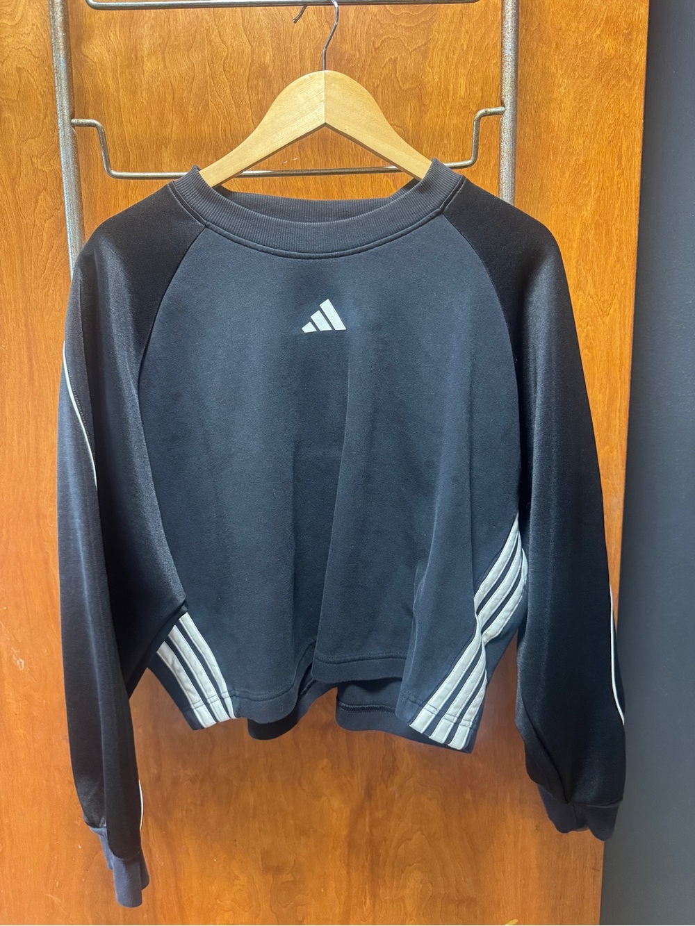 Adidas women’s  Black Crewneck cropped Sweatshirt with White Stripes